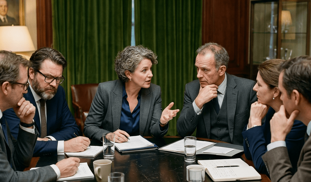 Six professionals in suits having a serious discussion at a conference table in a traditional office
