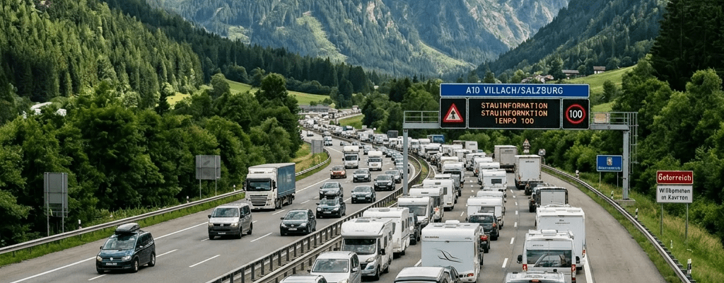 Vehicles in traffic jam on A10 Villach-Salzburg highway with alpine mountains in background