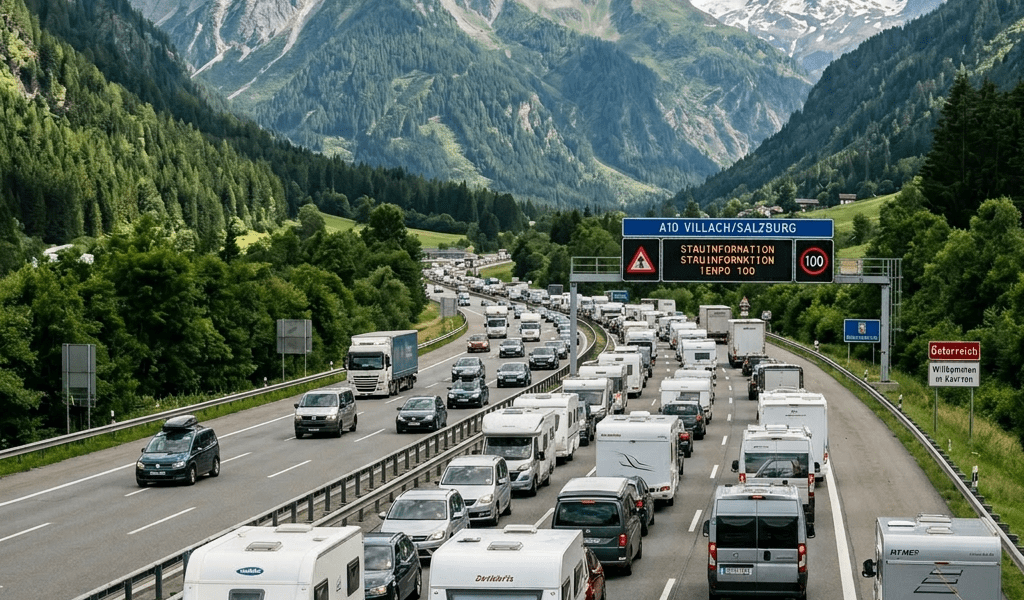 Vehicles in traffic jam on A10 Villach-Salzburg highway with alpine mountains in background