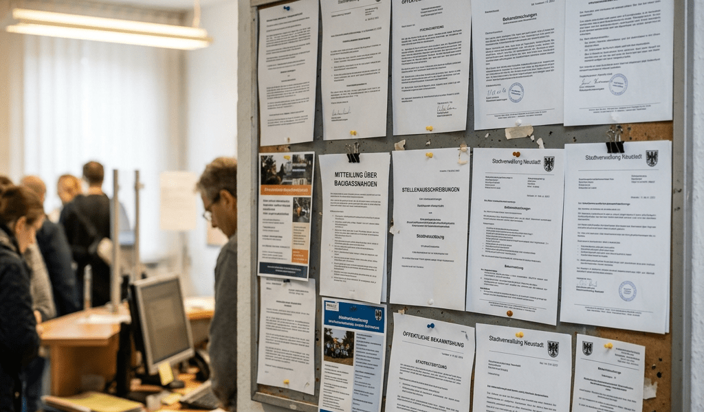 Bulletin board with official public notices and documents posted inside an office with people working in the background