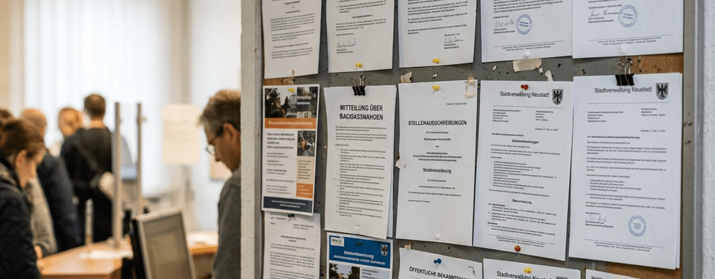 Bulletin board with official public notices and documents posted inside an office with people working in the background