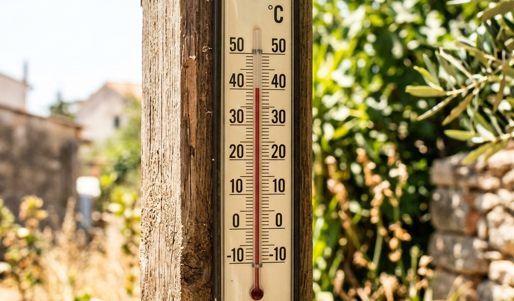 Celsius thermometer on wooden post indicating about 33 degrees