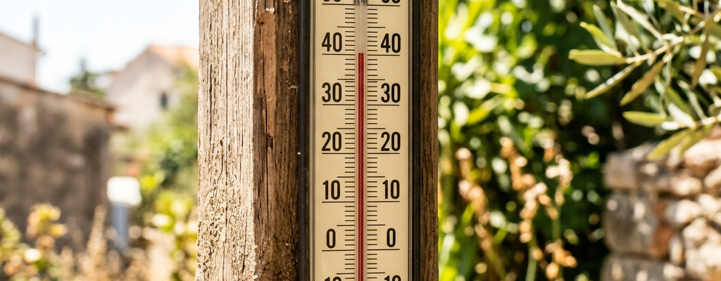 Celsius thermometer on wooden post indicating about 33 degrees