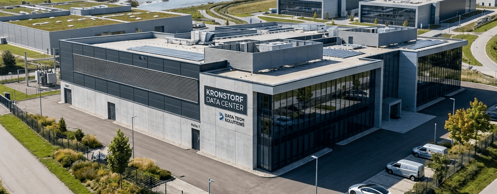 Large modern data center building with secure fencing and parking in rural area